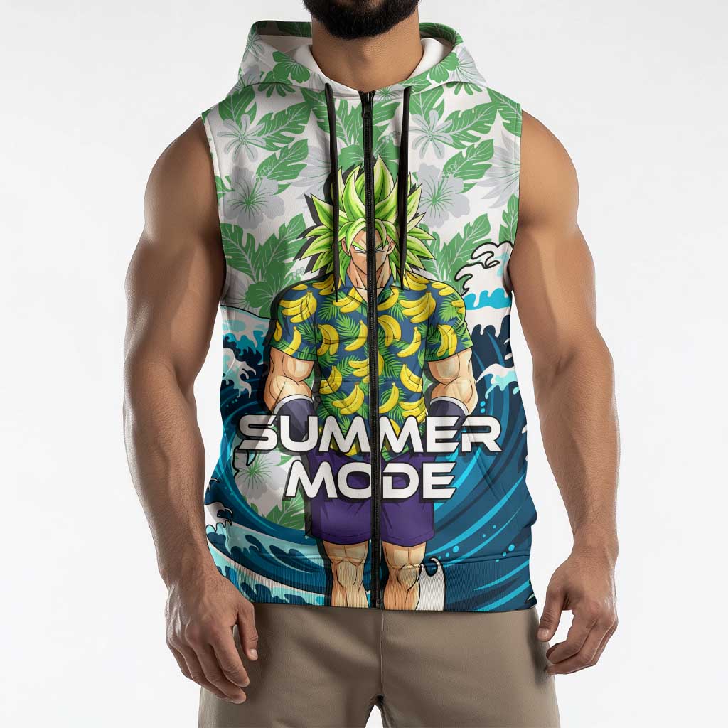 Broly Dragon Ball Summer Theme Sleeveless Zip Hoodie with Banana Shirt Sunglasses Shenron and Tropical Ocean Background - The Mazicc