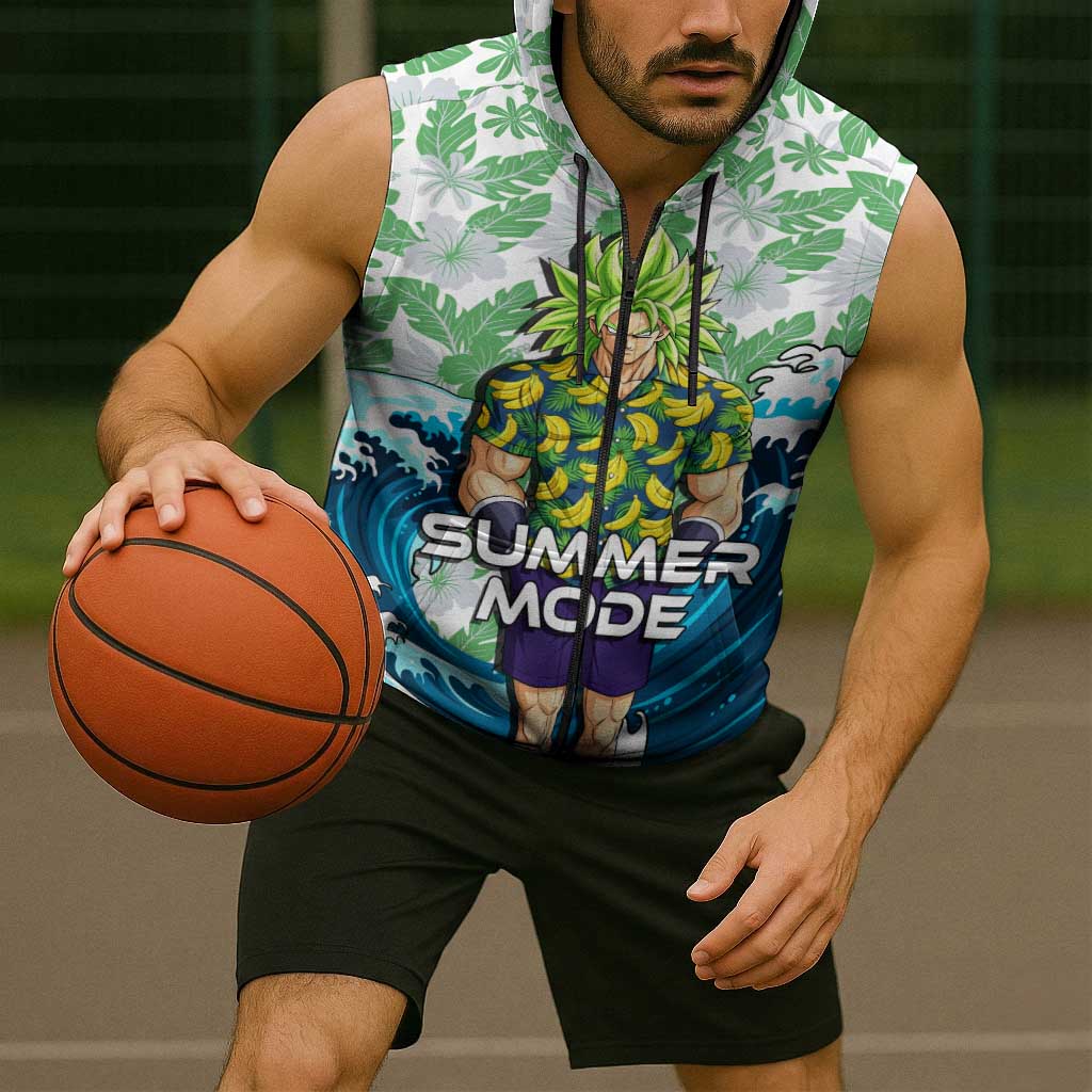 Broly Dragon Ball Summer Theme Sleeveless Zip Hoodie with Banana Shirt Sunglasses Shenron and Tropical Ocean Background - The Mazicc