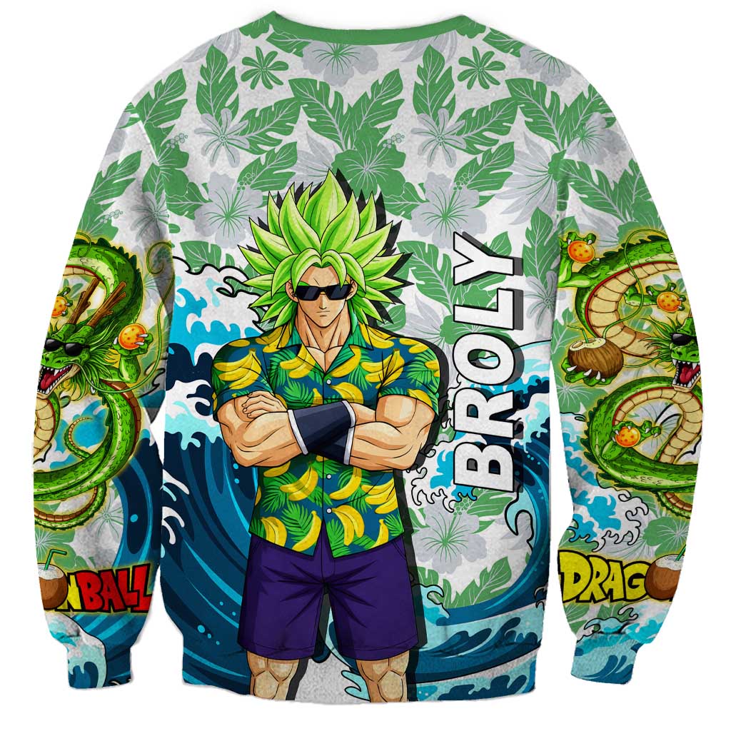 Broly Dragon Ball Summer Theme Sweatshirt with Banana Shirt Sunglasses Shenron and Tropical Ocean Background - The Mazicc