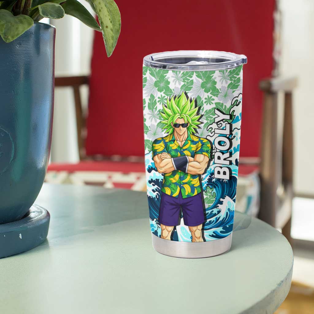 Broly Dragon Ball Summer Theme Tumbler Cup with Banana Shirt Sunglasses Shenron and Tropical Ocean Background - The Mazicc