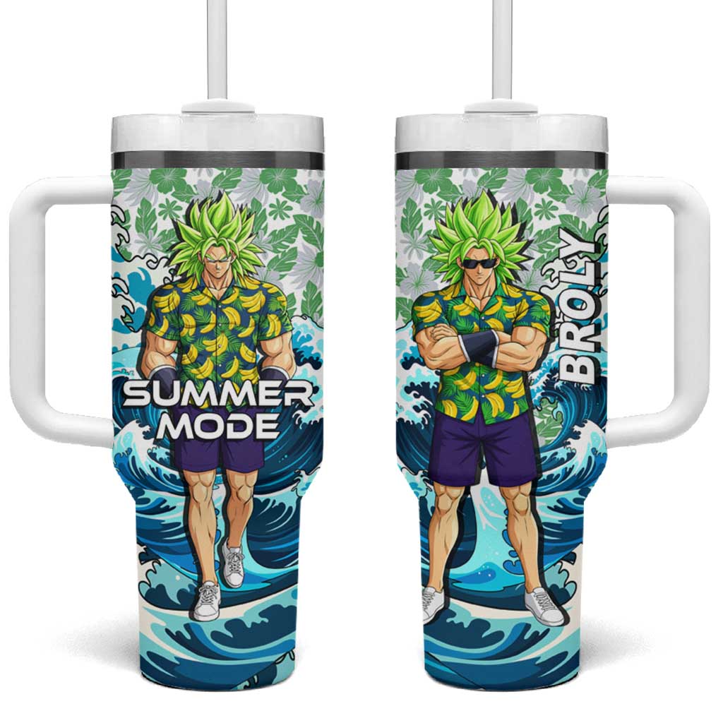 Broly Dragon Ball Summer Theme Tumbler With Handle with Banana Shirt Sunglasses Shenron and Tropical Ocean Background - The Mazicc