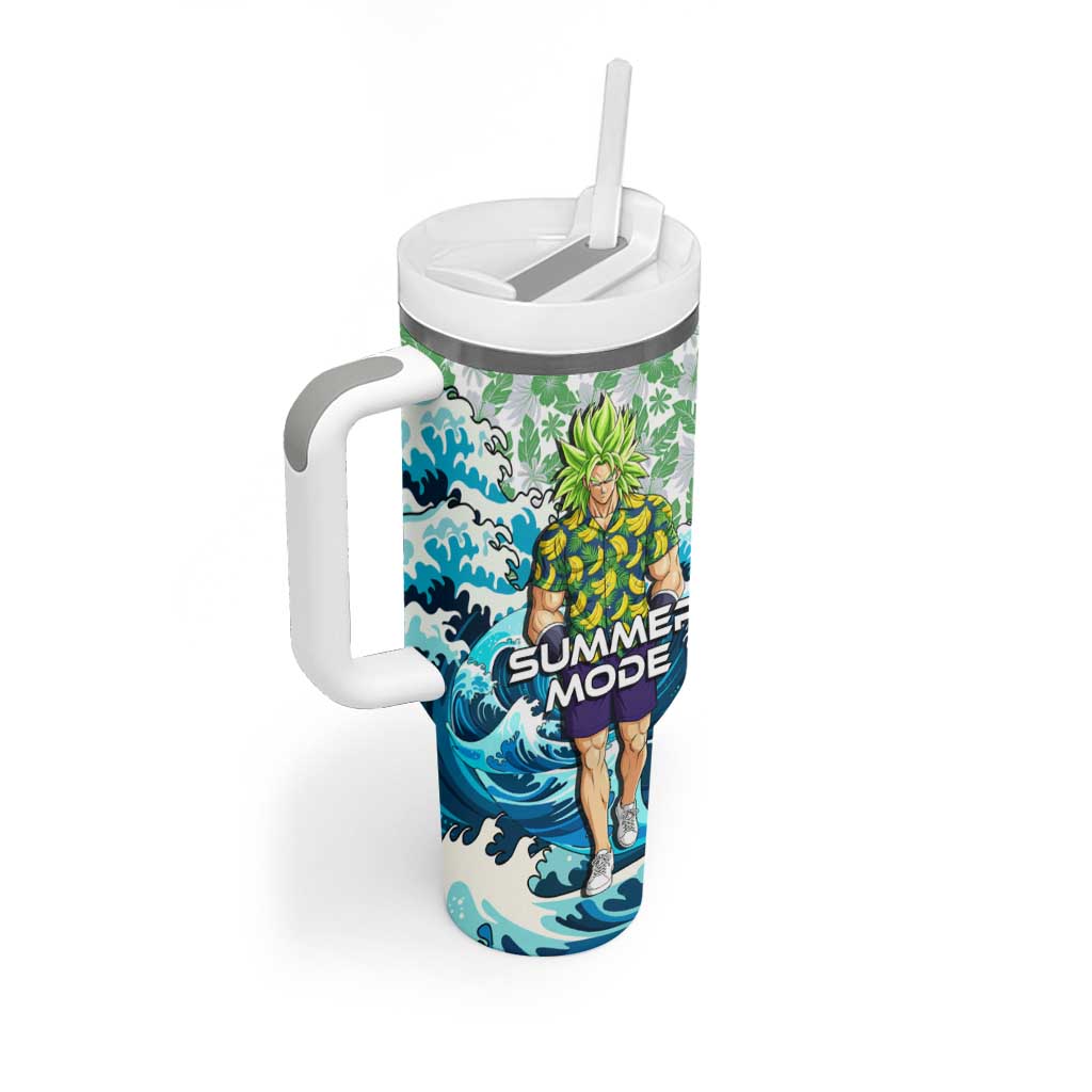 Broly Dragon Ball Summer Theme Tumbler With Handle with Banana Shirt Sunglasses Shenron and Tropical Ocean Background - The Mazicc