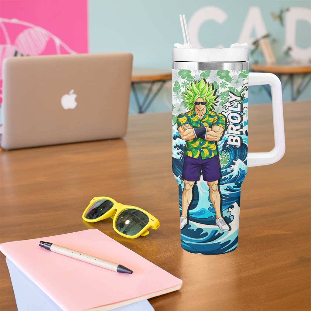 Broly Dragon Ball Summer Theme Tumbler With Handle with Banana Shirt Sunglasses Shenron and Tropical Ocean Background - The Mazicc