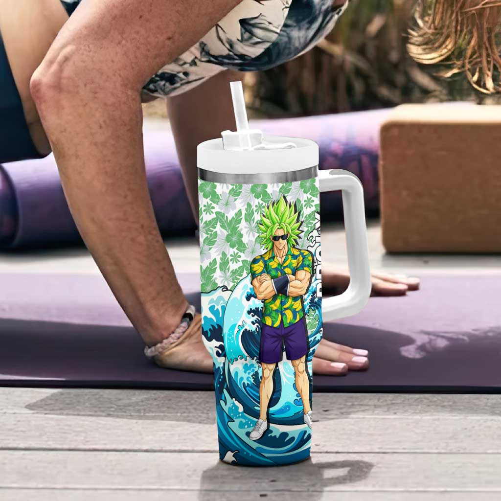 Broly Dragon Ball Summer Theme Tumbler With Handle with Banana Shirt Sunglasses Shenron and Tropical Ocean Background - The Mazicc
