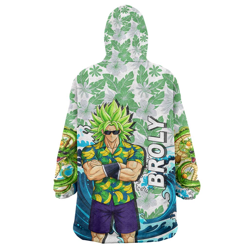 Broly Dragon Ball Summer Theme Wearable Blanket Hoodie with Banana Shirt Sunglasses Shenron and Tropical Ocean Background - The Mazicc