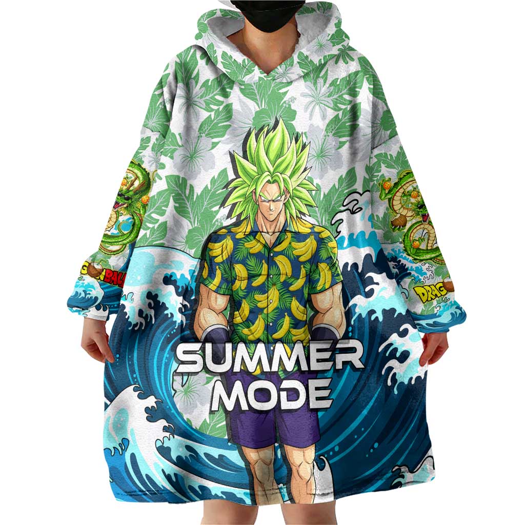 Broly Dragon Ball Summer Theme Wearable Blanket Hoodie with Banana Shirt Sunglasses Shenron and Tropical Ocean Background - The Mazicc
