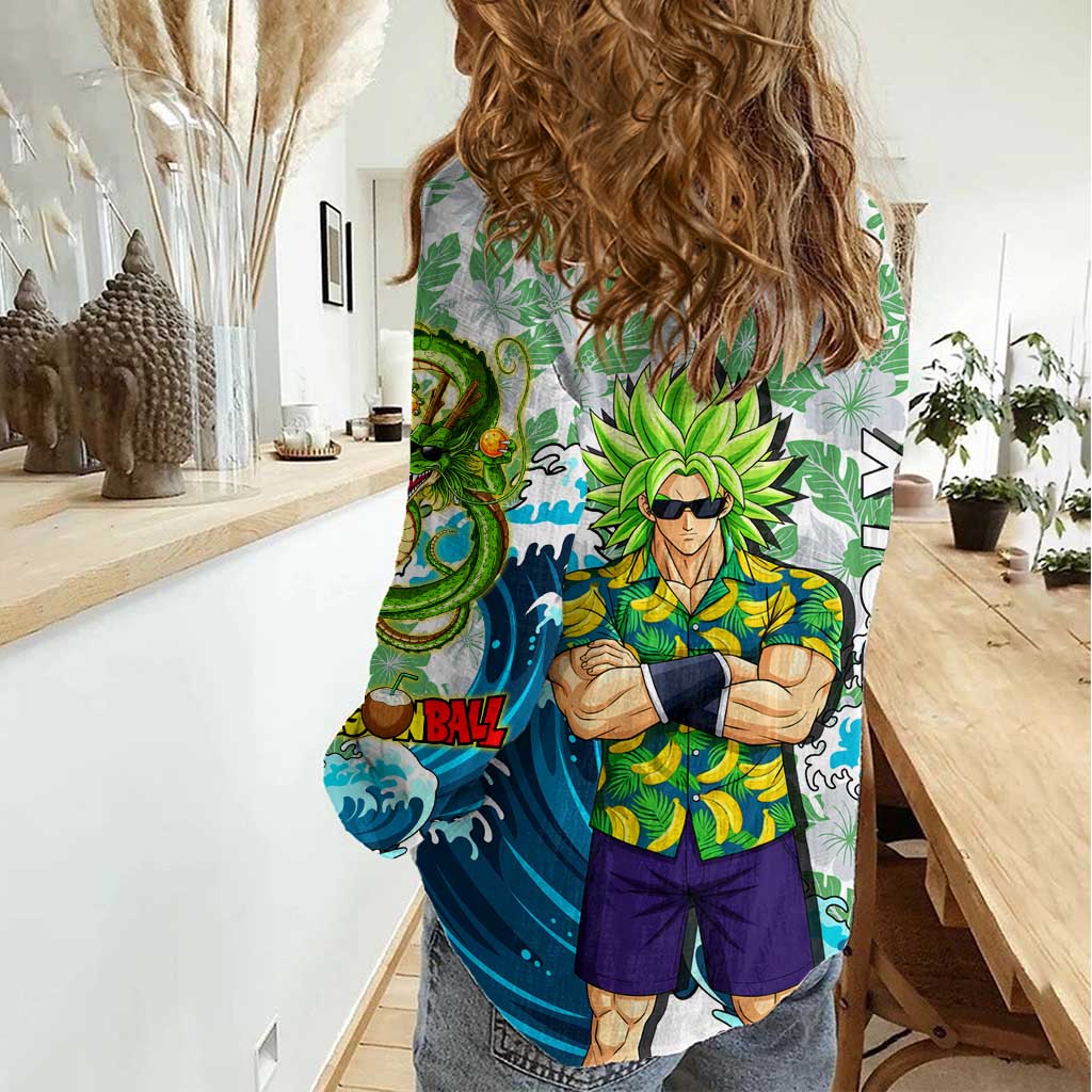 Broly Dragon Ball Summer Theme Women Casual Shirt with Banana Shirt Sunglasses Shenron and Tropical Ocean Background - The Mazicc