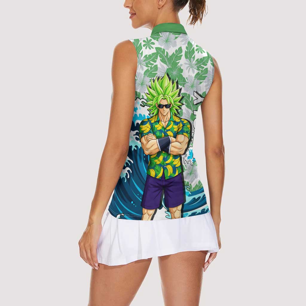 Broly Dragon Ball Summer Theme Women Sleeveless Polo Shirt with Banana Shirt Sunglasses Shenron and Tropical Ocean Background - The Mazicc