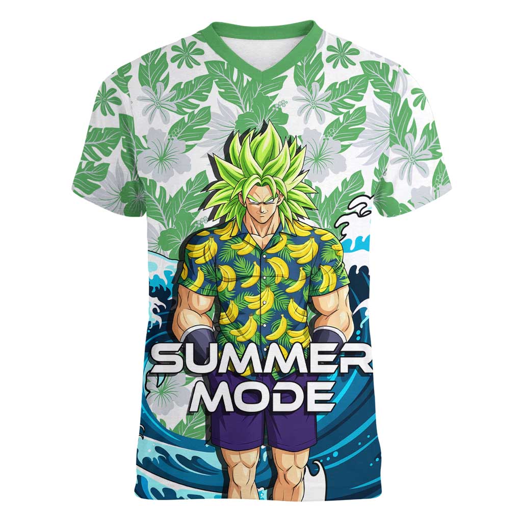 Broly Dragon Ball Summer Theme Women V-Neck T-Shirt with Banana Shirt Sunglasses Shenron and Tropical Ocean Background - The Mazicc