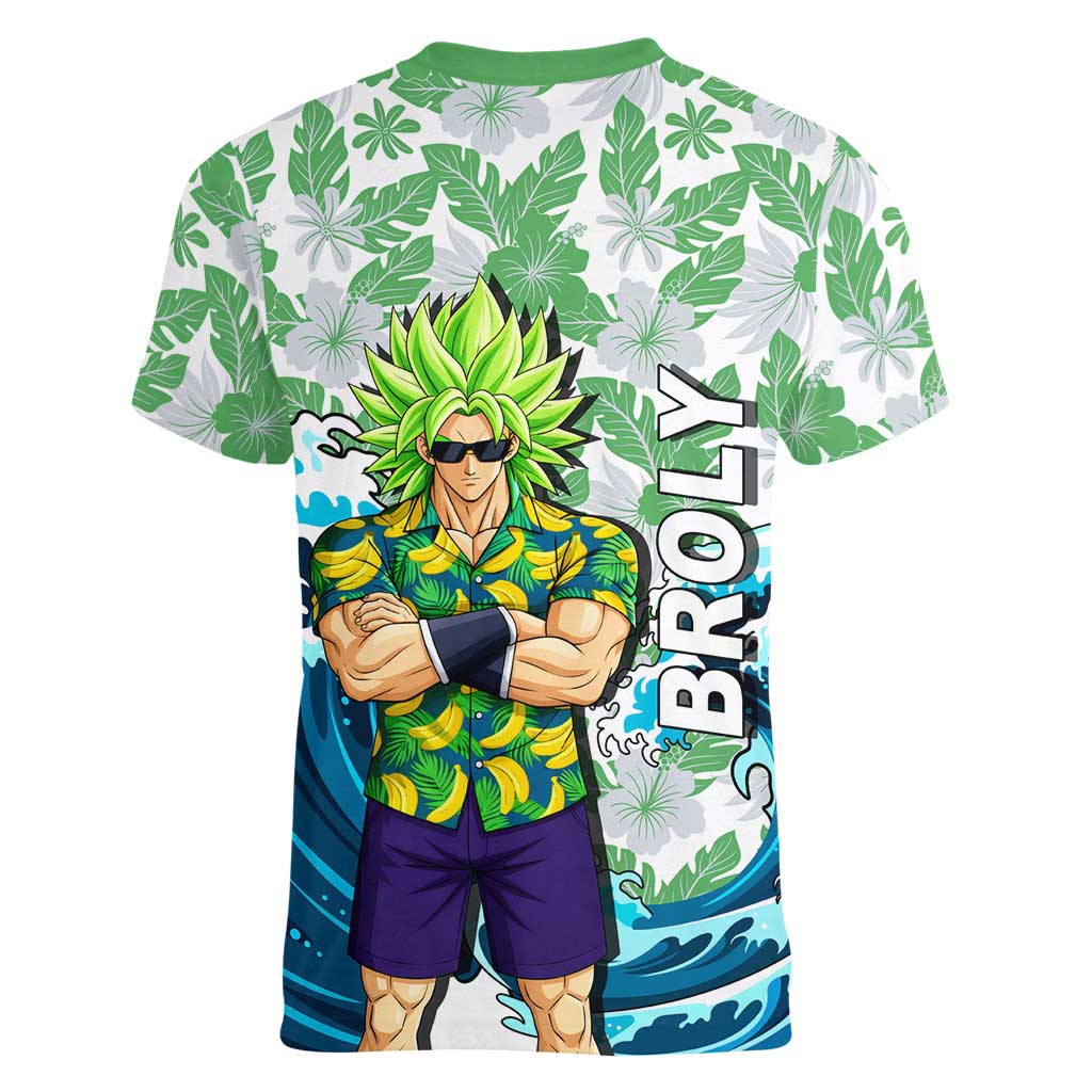 Broly Dragon Ball Summer Theme Women V-Neck T-Shirt with Banana Shirt Sunglasses Shenron and Tropical Ocean Background - The Mazicc