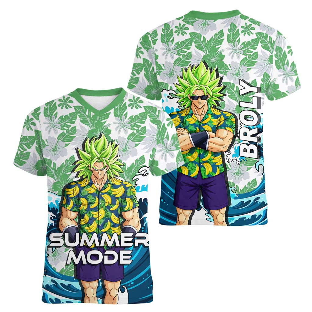 Broly Dragon Ball Summer Theme Women V-Neck T-Shirt with Banana Shirt Sunglasses Shenron and Tropical Ocean Background - The Mazicc