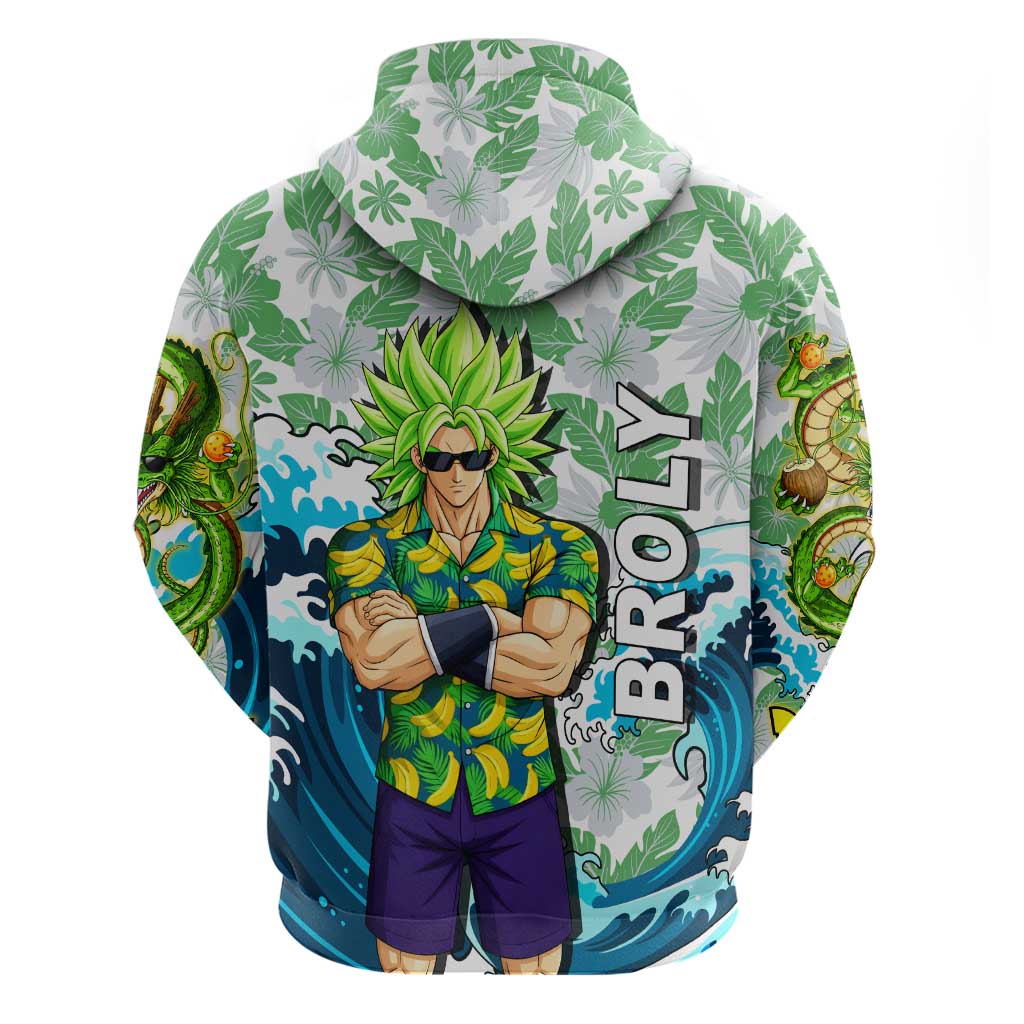 Broly Dragon Ball Summer Theme Zip Hoodie with Banana Shirt Sunglasses Shenron and Tropical Ocean Background - The Mazicc