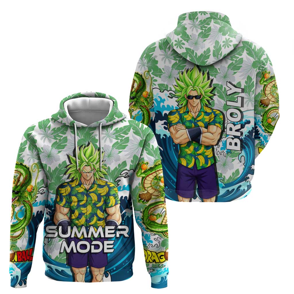 Broly Dragon Ball Summer Theme Zip Hoodie with Banana Shirt Sunglasses Shenron and Tropical Ocean Background - The Mazicc