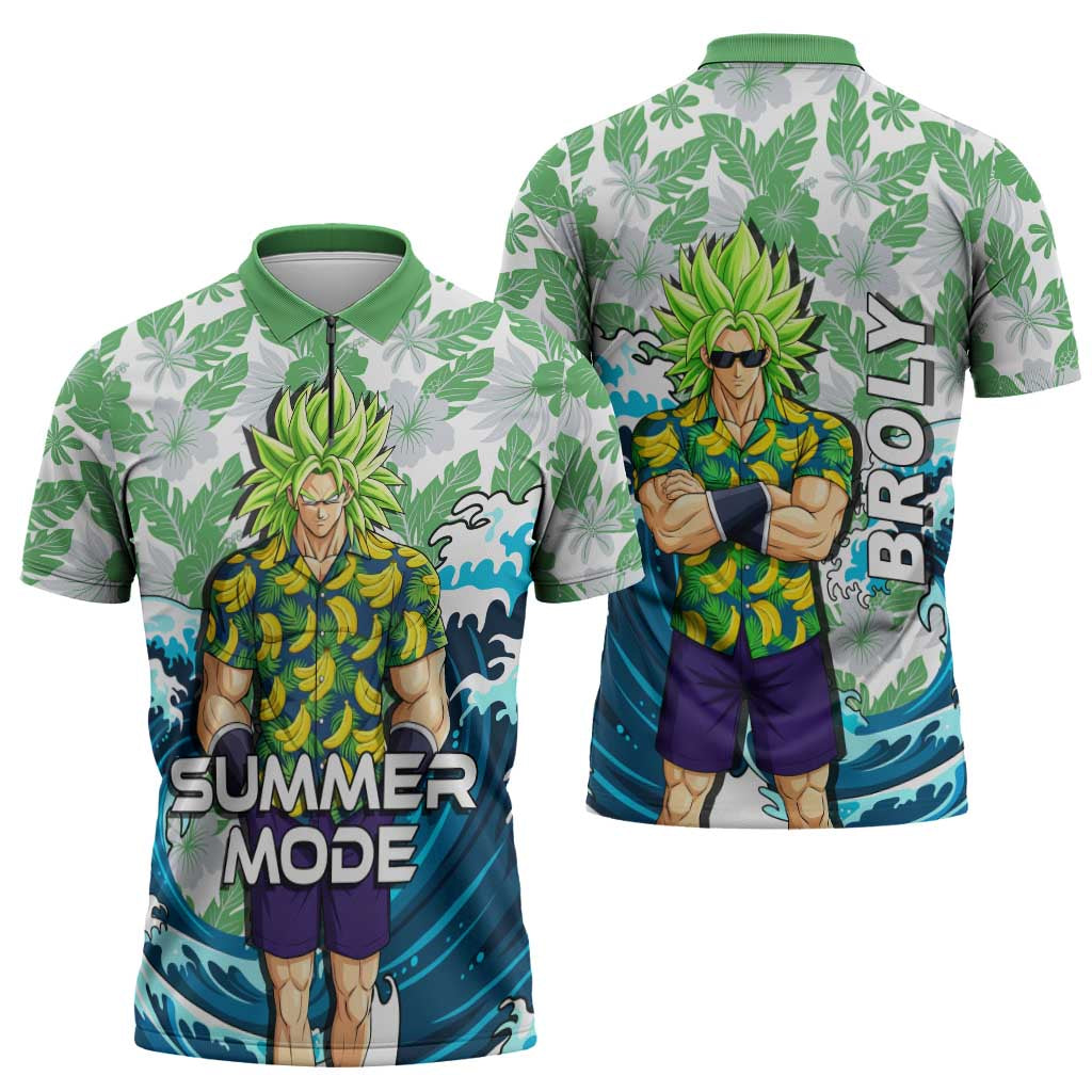 Broly Dragon Ball Summer Theme Zipper Polo Shirt with Banana Shirt Sunglasses Shenron and Tropical Ocean Background - The Mazicc