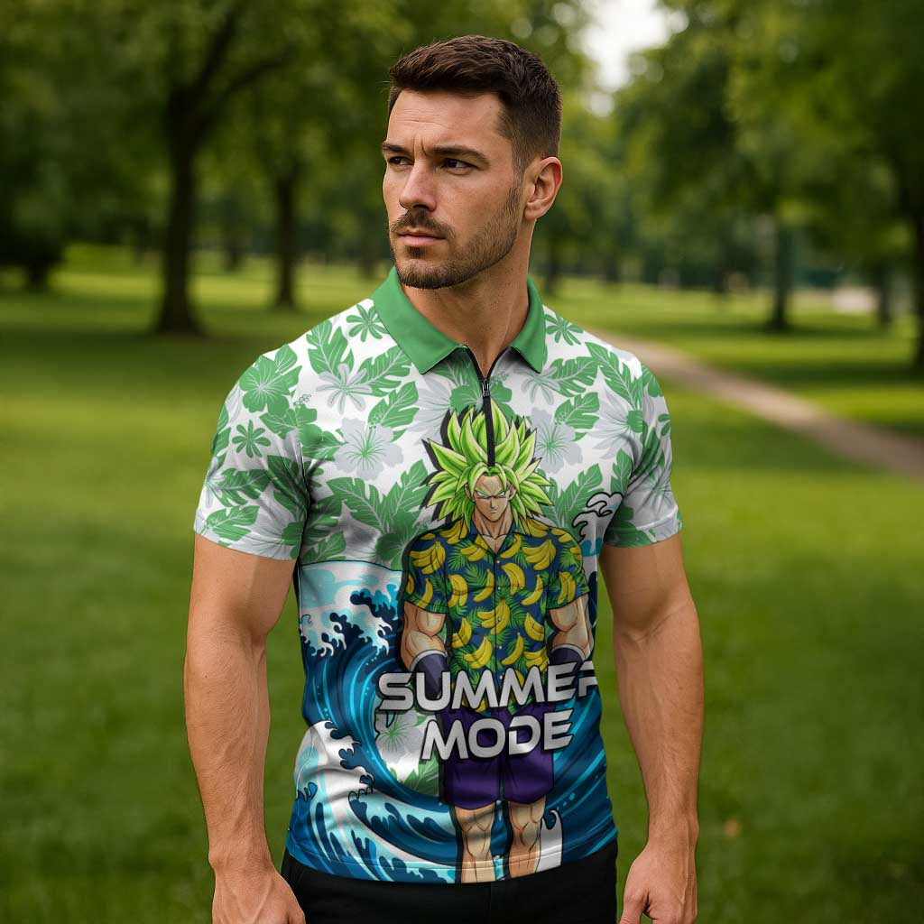 Broly Dragon Ball Summer Theme Zipper Polo Shirt with Banana Shirt Sunglasses Shenron and Tropical Ocean Background - The Mazicc