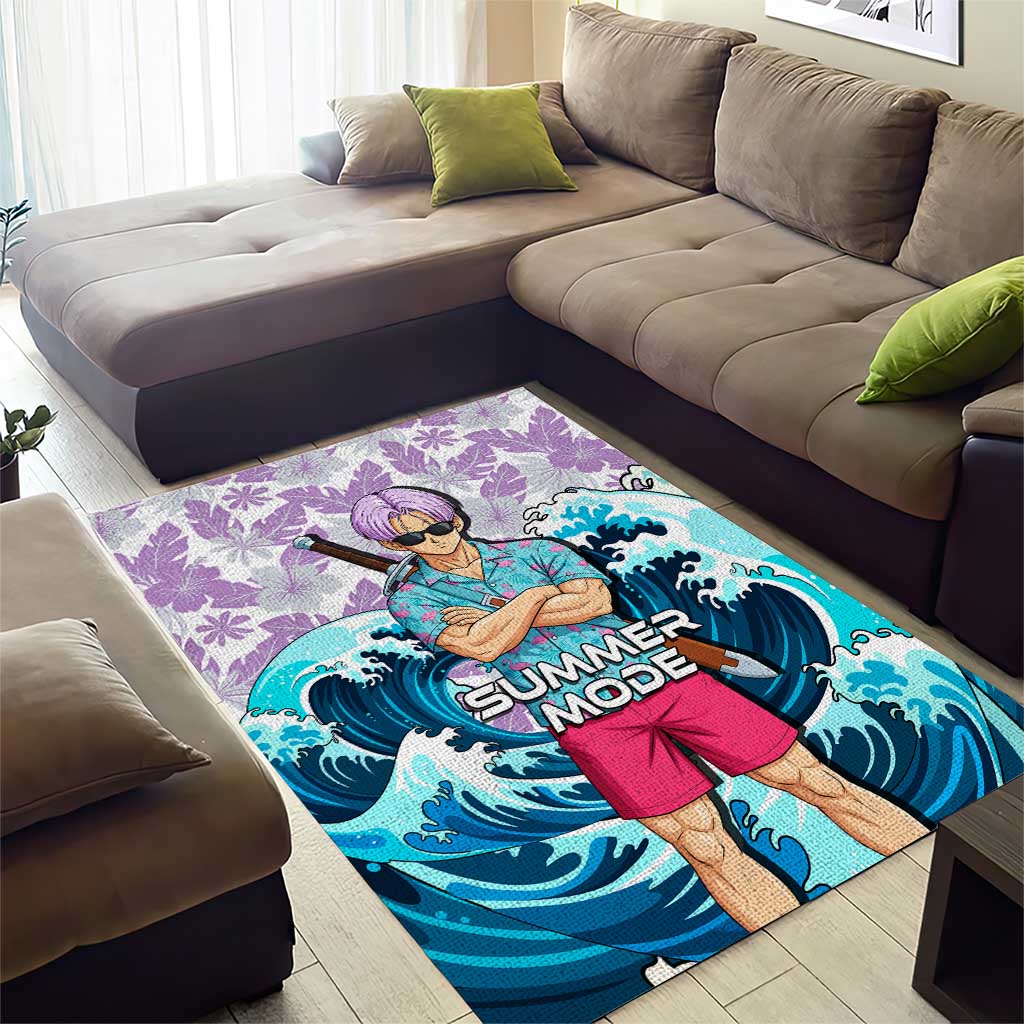 Trunks Dragon Ball Summer Theme Area Rug with Sword Floral Shirt Sunglasses Shenron and Ocean Wave Background - The Mazicc