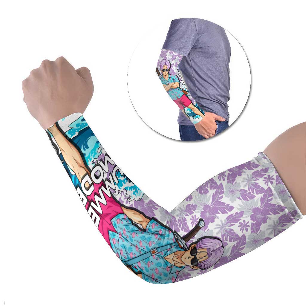 Trunks Dragon Ball Summer Theme Arm Sleeves with Sword Floral Shirt Sunglasses Shenron and Ocean Wave Background - The Mazicc
