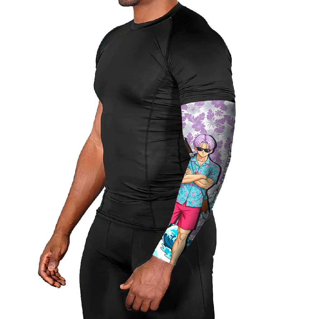 Trunks Dragon Ball Summer Theme Arm Sleeves with Sword Floral Shirt Sunglasses Shenron and Ocean Wave Background - The Mazicc