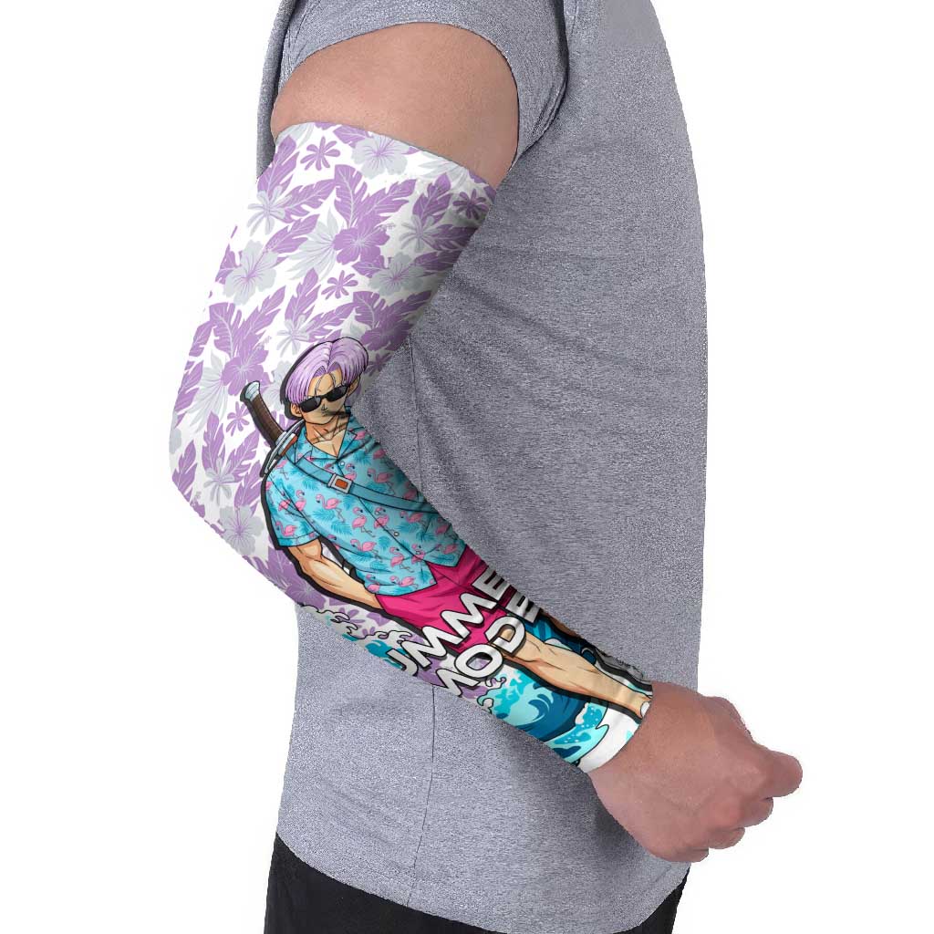 Trunks Dragon Ball Summer Theme Arm Sleeves with Sword Floral Shirt Sunglasses Shenron and Ocean Wave Background - The Mazicc