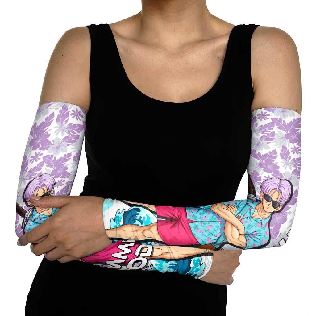 Trunks Dragon Ball Summer Theme Arm Sleeves with Sword Floral Shirt Sunglasses Shenron and Ocean Wave Background - The Mazicc