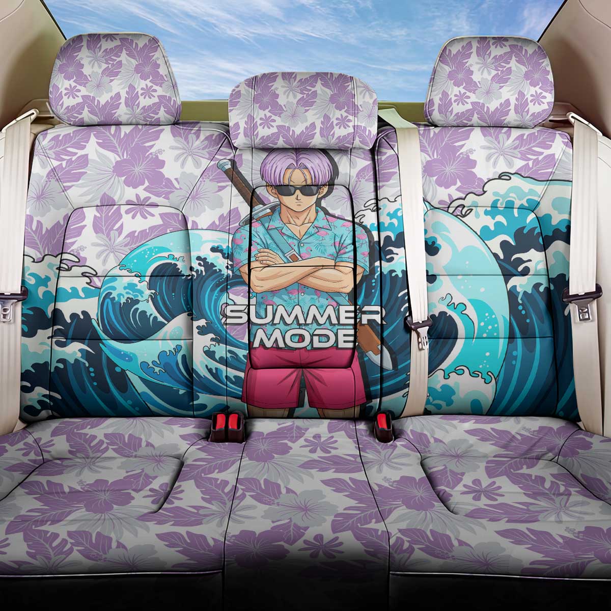 Trunks Dragon Ball Summer Theme Back Car Seat Cover with Sword Floral Shirt Sunglasses Shenron and Ocean Wave Background - The Mazicc