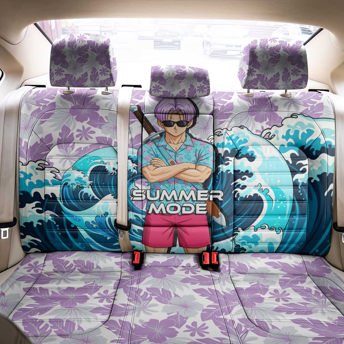 Trunks Dragon Ball Summer Theme Back Car Seat Cover with Sword Floral Shirt Sunglasses Shenron and Ocean Wave Background - The Mazicc