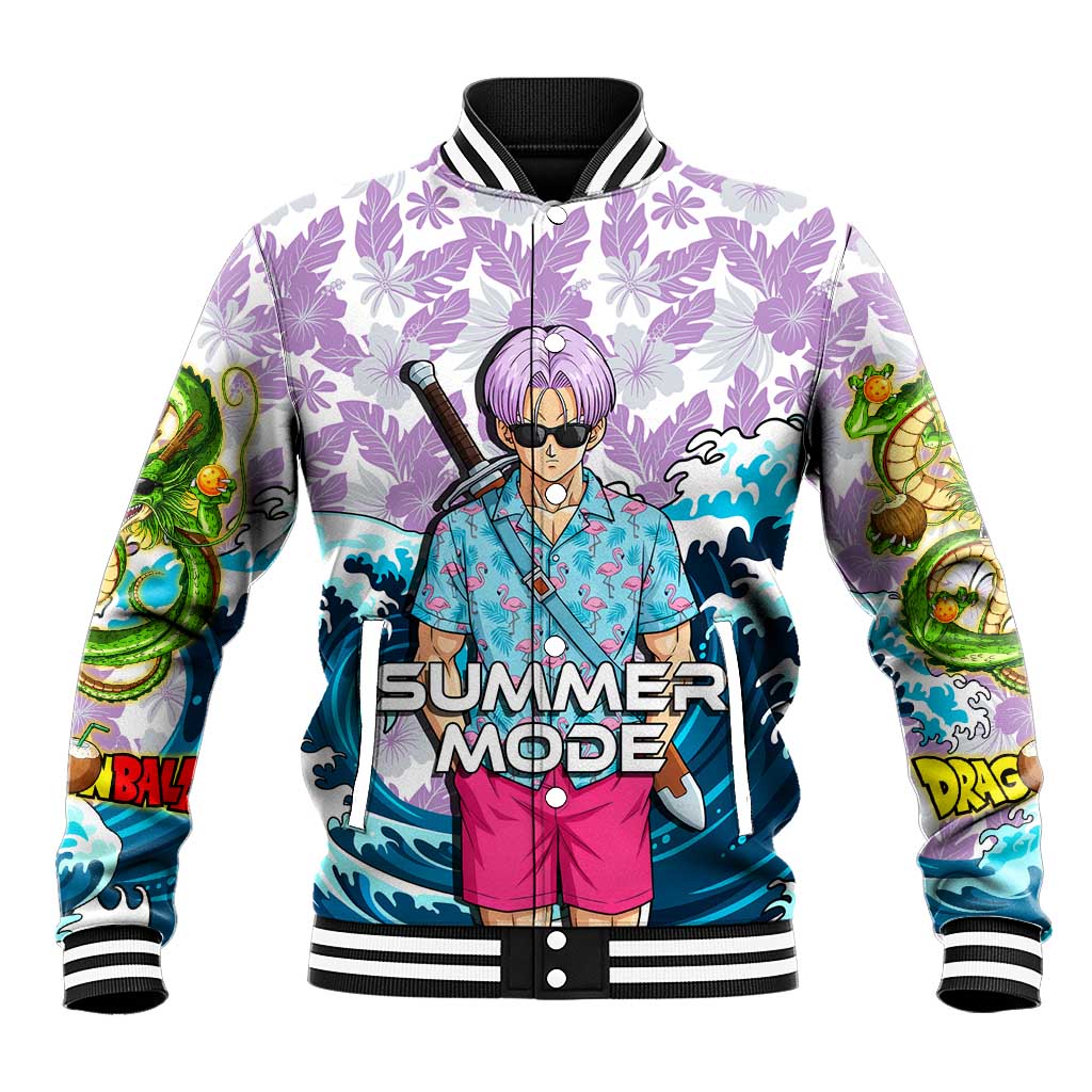Trunks Dragon Ball Summer Theme Baseball Jacket with Sword Floral Shirt Sunglasses Shenron and Ocean Wave Background - The Mazicc