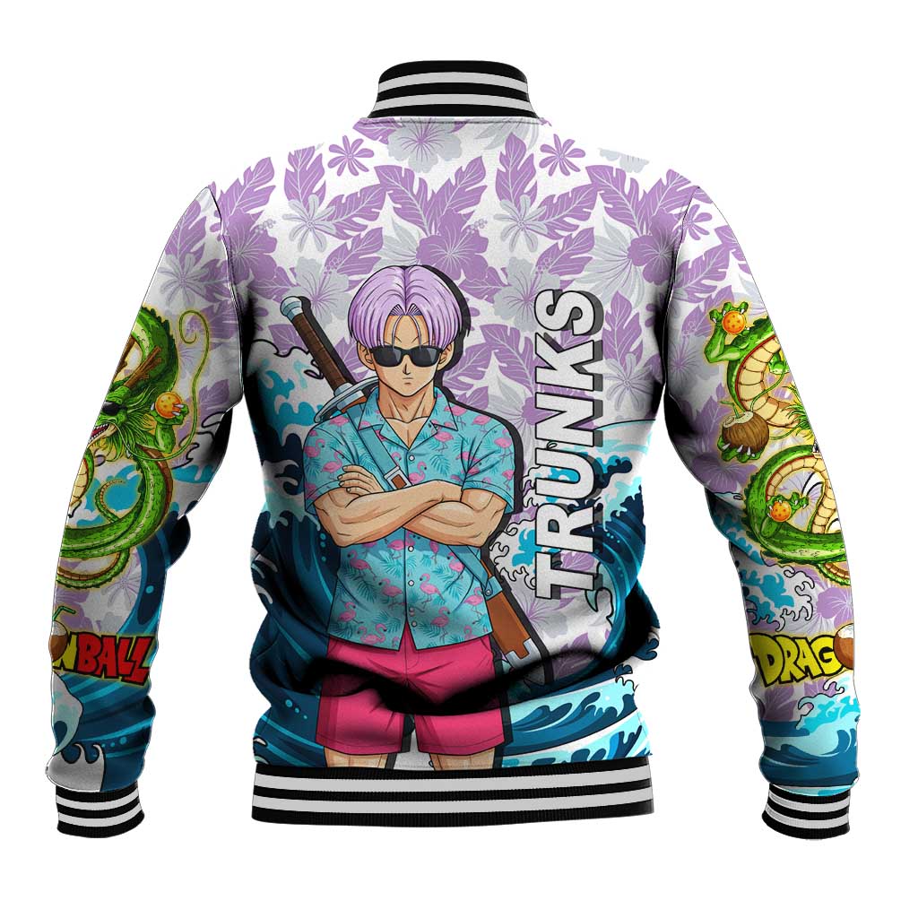 Trunks Dragon Ball Summer Theme Baseball Jacket with Sword Floral Shirt Sunglasses Shenron and Ocean Wave Background - The Mazicc