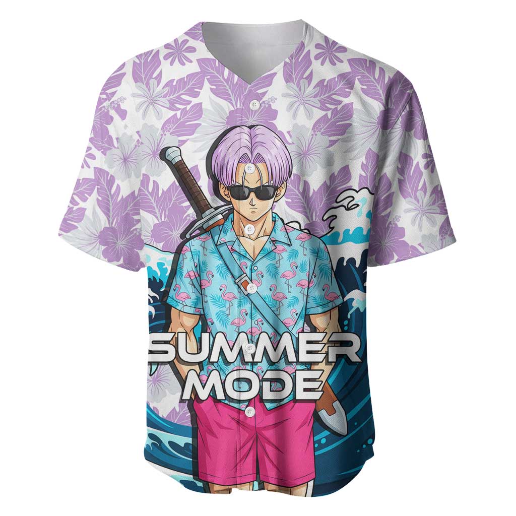 Trunks Dragon Ball Summer Theme Baseball Jersey with Sword Floral Shirt Sunglasses Shenron and Ocean Wave Background - The Mazicc