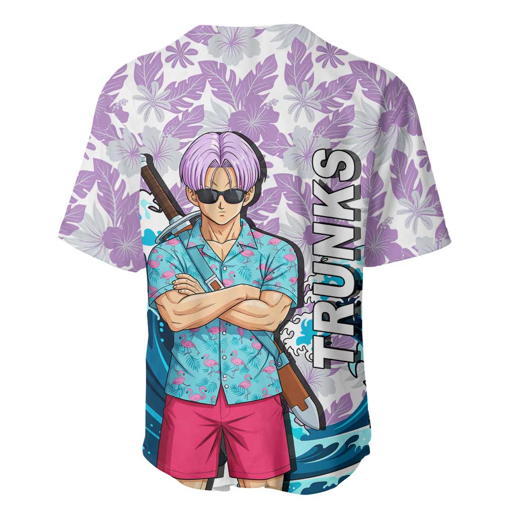Trunks Dragon Ball Summer Theme Baseball Jersey with Sword Floral Shirt Sunglasses Shenron and Ocean Wave Background - The Mazicc