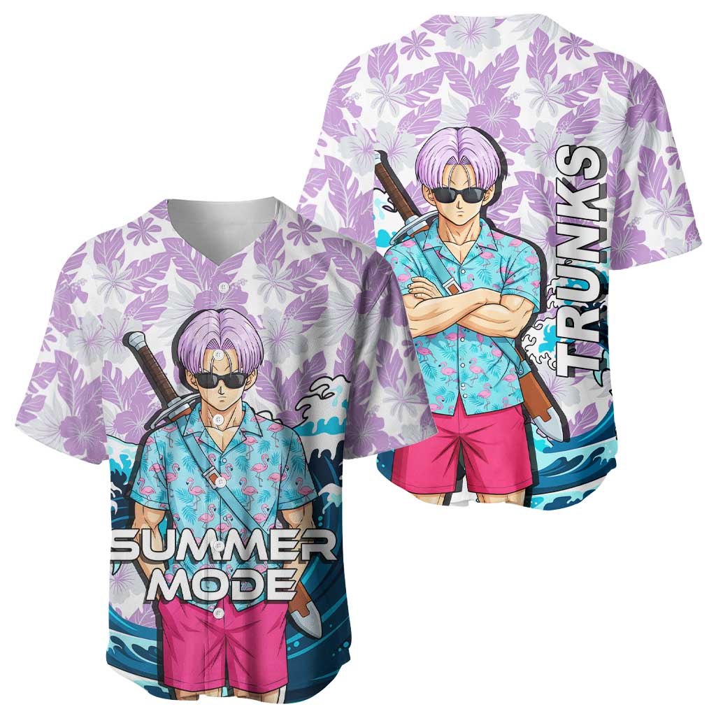 Trunks Dragon Ball Summer Theme Baseball Jersey with Sword Floral Shirt Sunglasses Shenron and Ocean Wave Background - The Mazicc