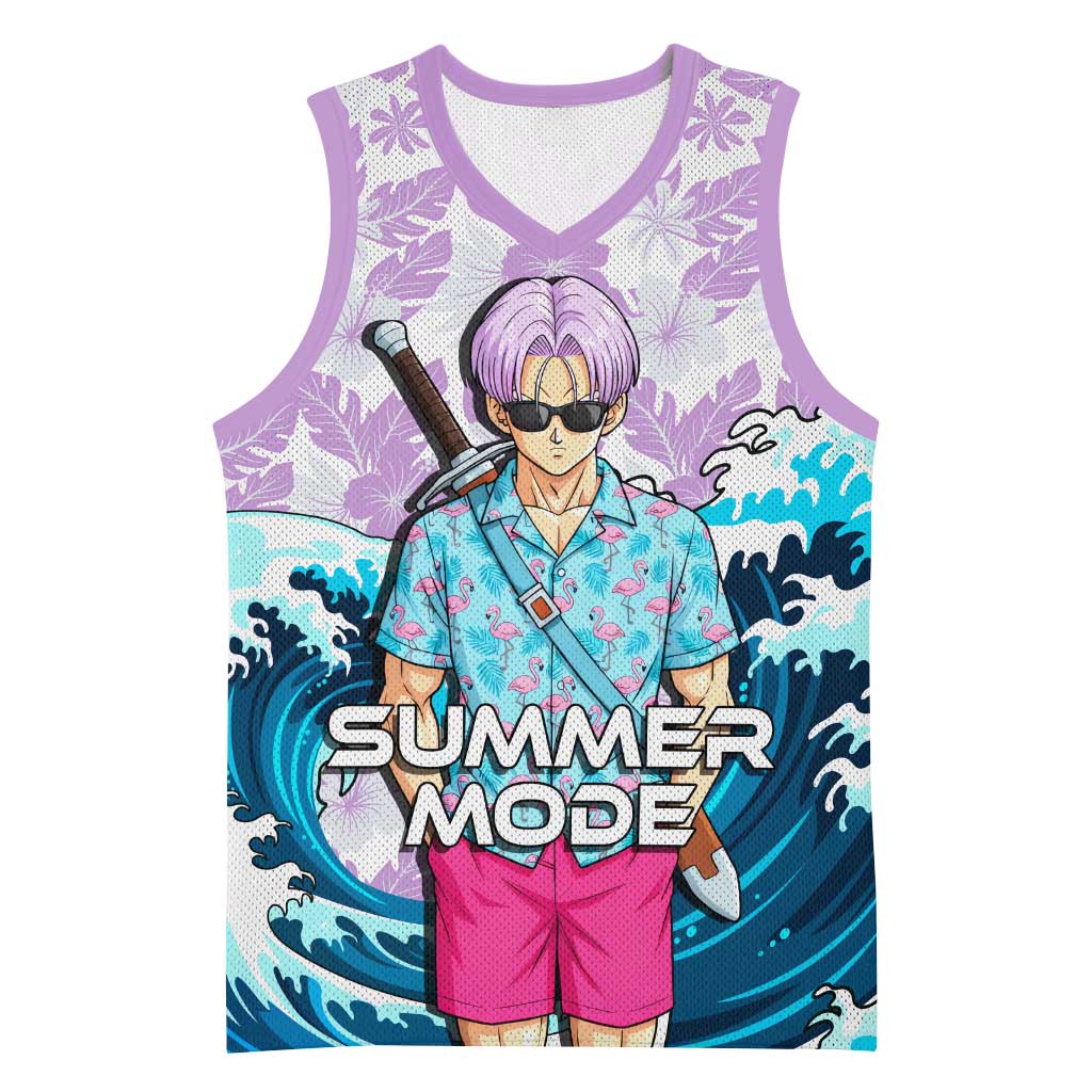 Trunks Dragon Ball Summer Theme Basketball Jersey with Sword Floral Shirt Sunglasses Shenron and Ocean Wave Background - The Mazicc