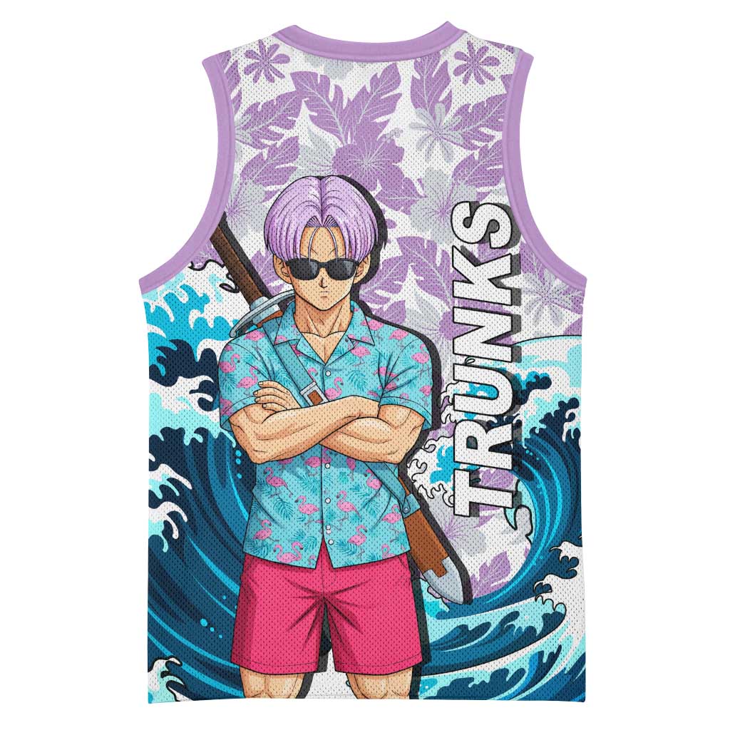 Trunks Dragon Ball Summer Theme Basketball Jersey with Sword Floral Shirt Sunglasses Shenron and Ocean Wave Background - The Mazicc