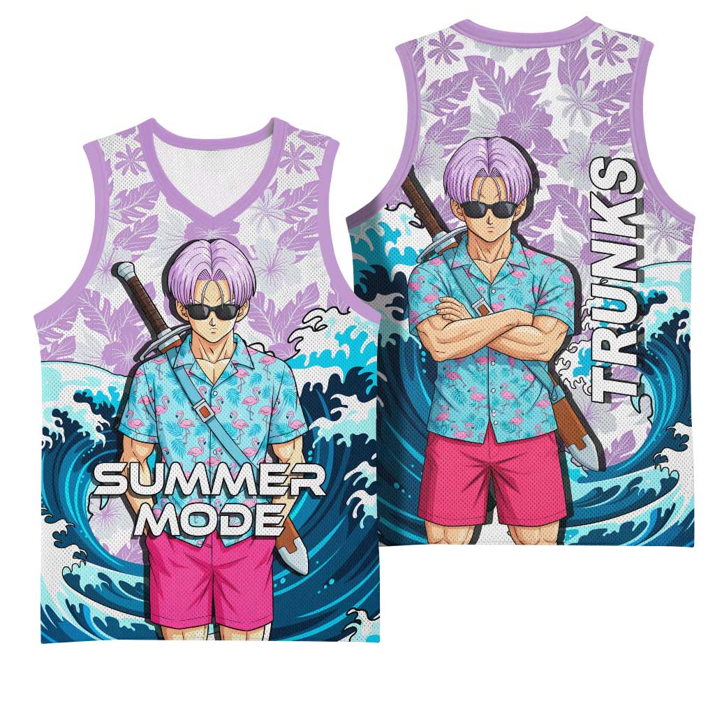 Trunks Dragon Ball Summer Theme Basketball Jersey with Sword Floral Shirt Sunglasses Shenron and Ocean Wave Background - The Mazicc