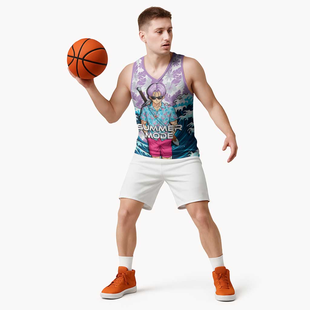 Trunks Dragon Ball Summer Theme Basketball Jersey with Sword Floral Shirt Sunglasses Shenron and Ocean Wave Background - The Mazicc