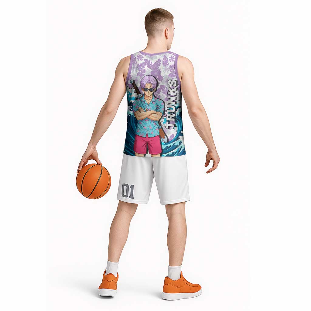 Trunks Dragon Ball Summer Theme Basketball Jersey with Sword Floral Shirt Sunglasses Shenron and Ocean Wave Background - The Mazicc