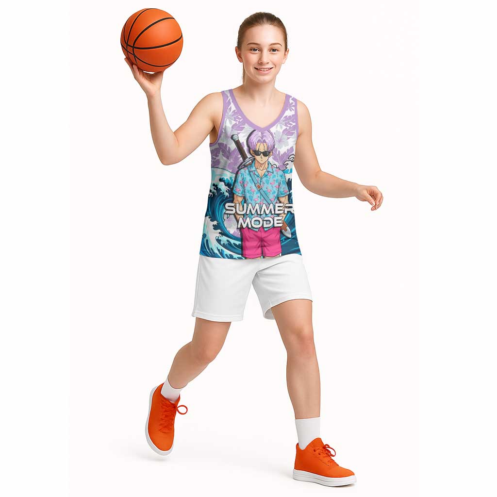 Trunks Dragon Ball Summer Theme Basketball Jersey with Sword Floral Shirt Sunglasses Shenron and Ocean Wave Background - The Mazicc