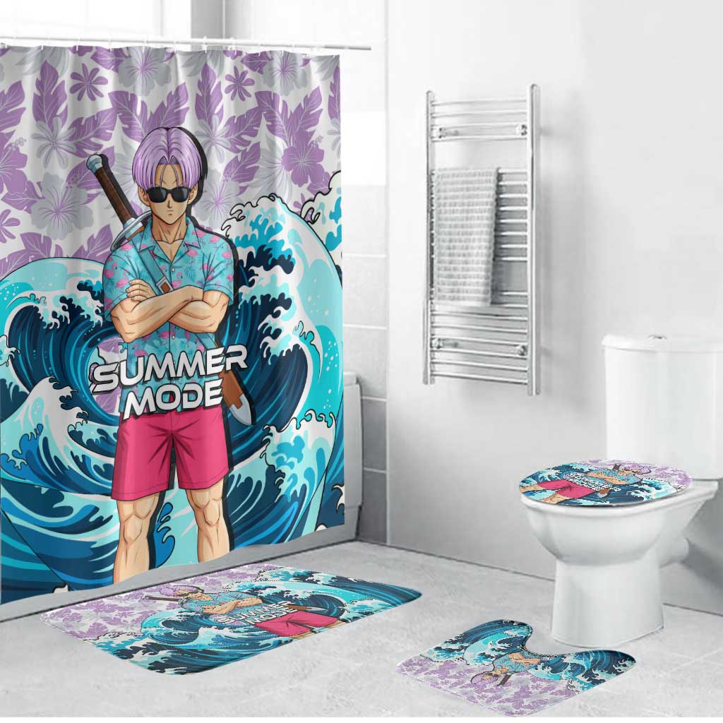 Trunks Dragon Ball Summer Theme Bathroom Set with Sword Floral Shirt Sunglasses Shenron and Ocean Wave Background - The Mazicc