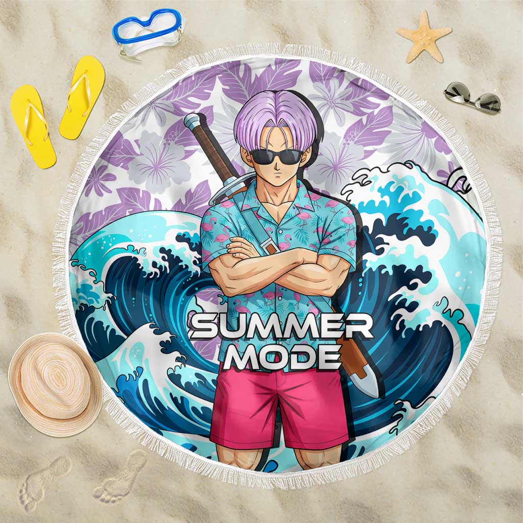 Trunks Dragon Ball Summer Theme Beach Blanket with Sword Floral Shirt Sunglasses Shenron and Ocean Wave Background - The Mazicc