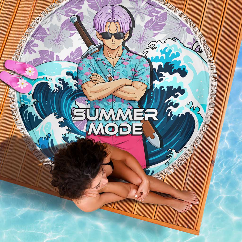Trunks Dragon Ball Summer Theme Beach Blanket with Sword Floral Shirt Sunglasses Shenron and Ocean Wave Background - The Mazicc