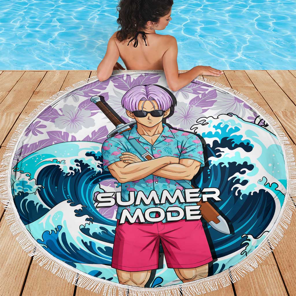 Trunks Dragon Ball Summer Theme Beach Blanket with Sword Floral Shirt Sunglasses Shenron and Ocean Wave Background - The Mazicc