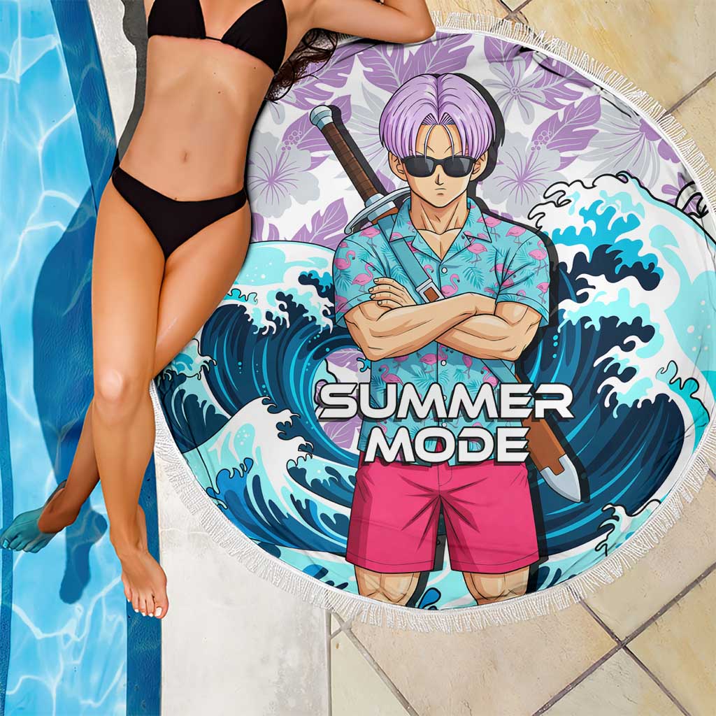 Trunks Dragon Ball Summer Theme Beach Blanket with Sword Floral Shirt Sunglasses Shenron and Ocean Wave Background - The Mazicc