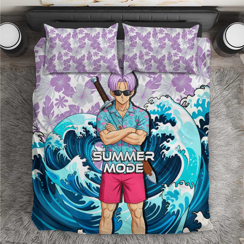 Trunks Dragon Ball Summer Theme Bedding Set with Sword Floral Shirt Sunglasses Shenron and Ocean Wave Background - The Mazicc