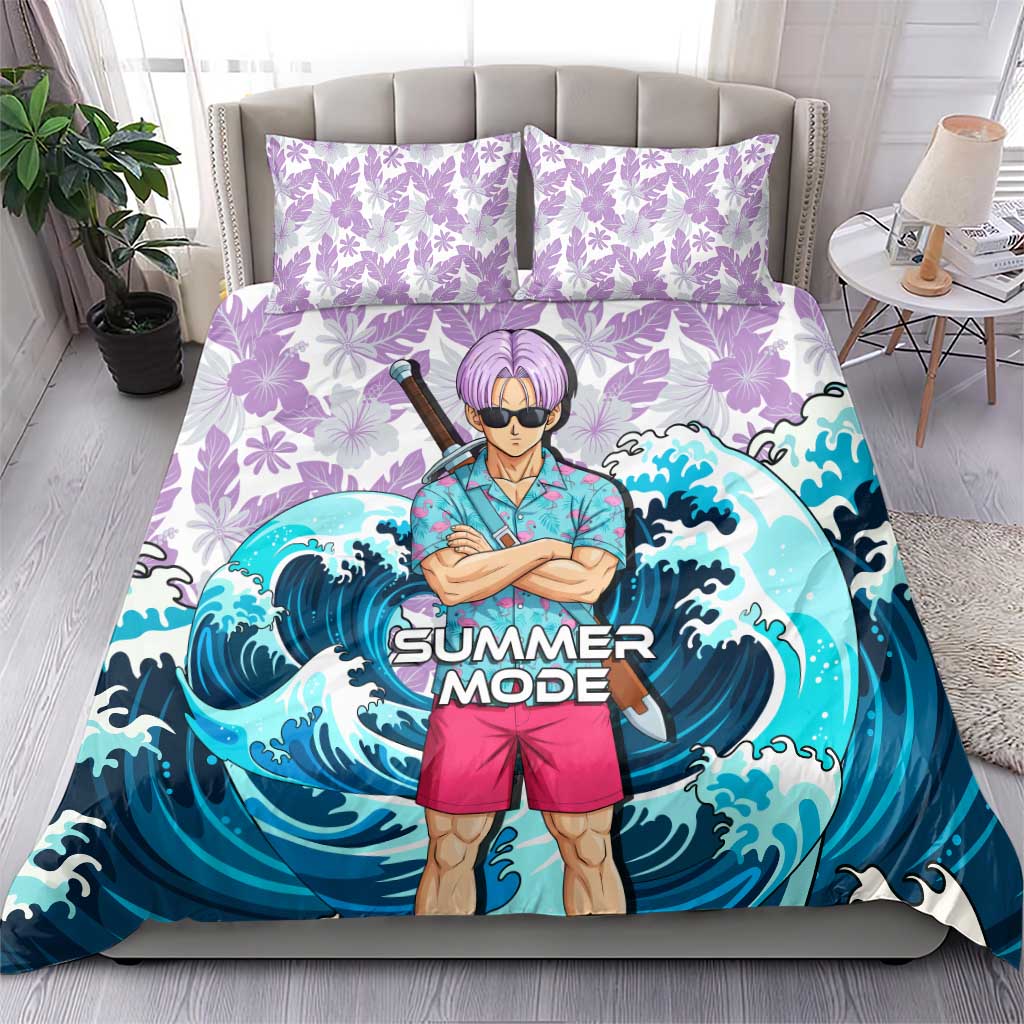 Trunks Dragon Ball Summer Theme Bedding Set with Sword Floral Shirt Sunglasses Shenron and Ocean Wave Background - The Mazicc