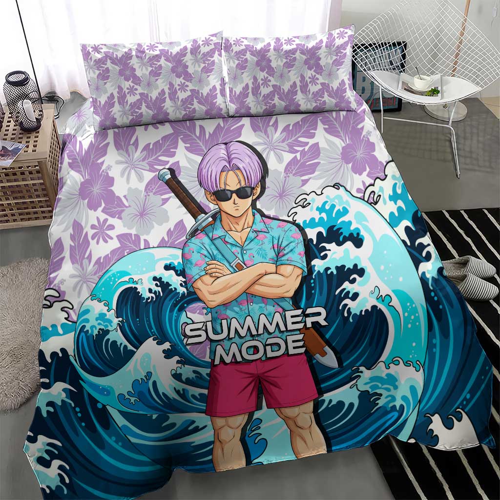 Trunks Dragon Ball Summer Theme Bedding Set with Sword Floral Shirt Sunglasses Shenron and Ocean Wave Background - The Mazicc