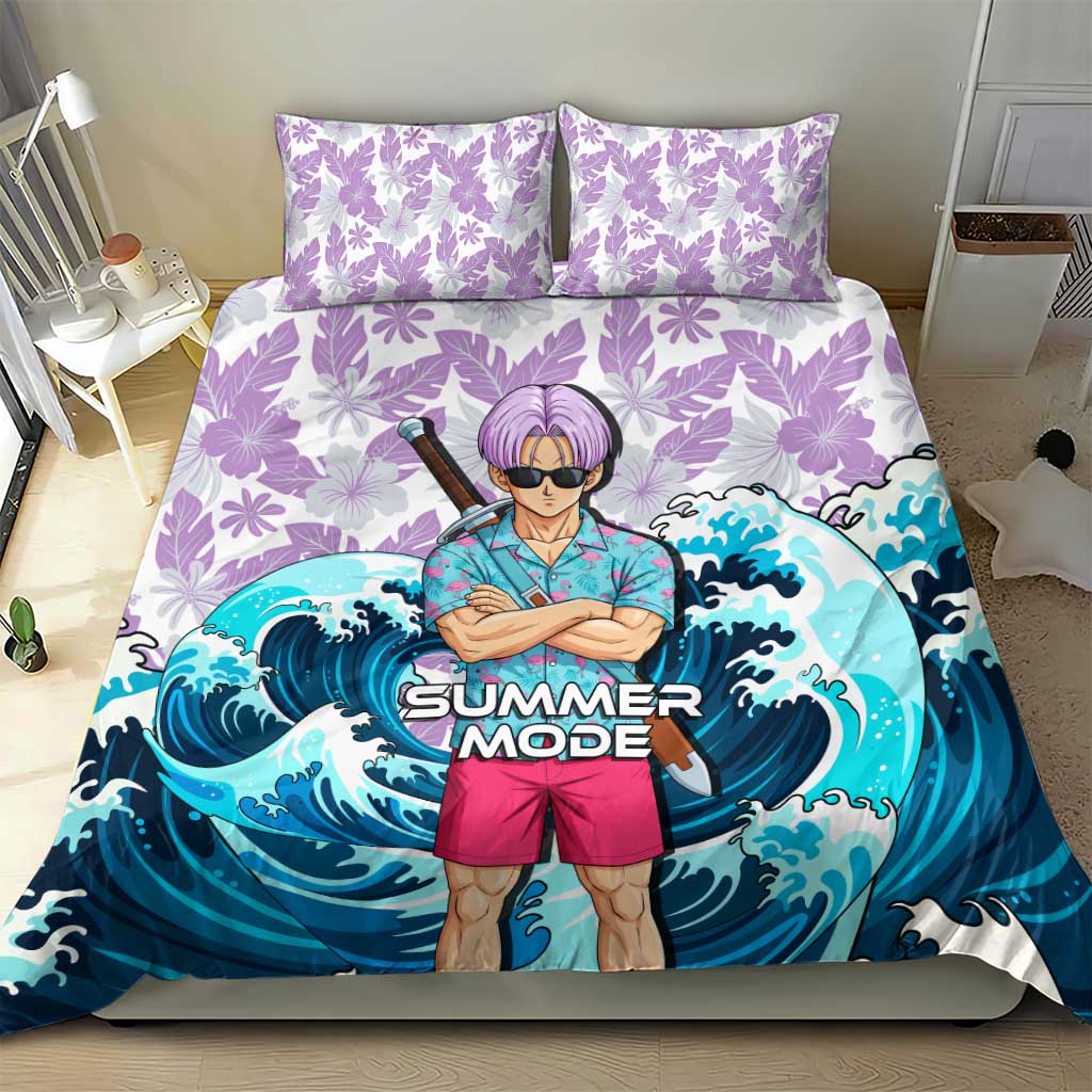 Trunks Dragon Ball Summer Theme Bedding Set with Sword Floral Shirt Sunglasses Shenron and Ocean Wave Background - The Mazicc