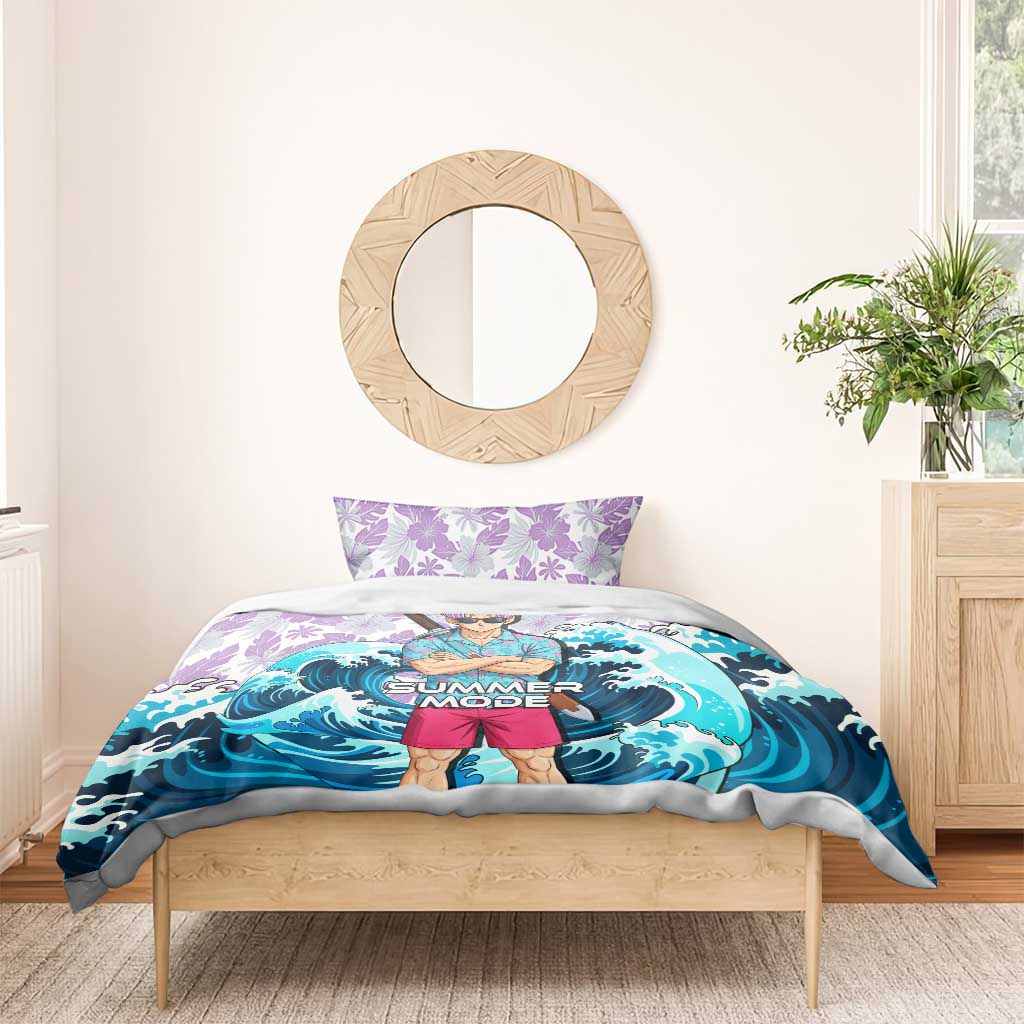 Trunks Dragon Ball Summer Theme Bedding Set with Sword Floral Shirt Sunglasses Shenron and Ocean Wave Background - The Mazicc