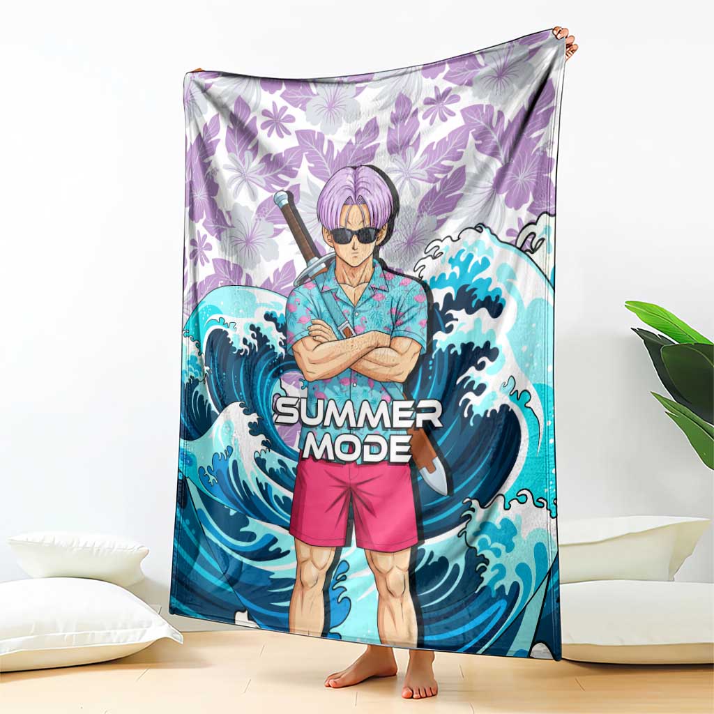 Trunks Dragon Ball Summer Theme Blanket with Sword Floral Shirt Sunglasses Shenron and Ocean Wave Background - The Mazicc
