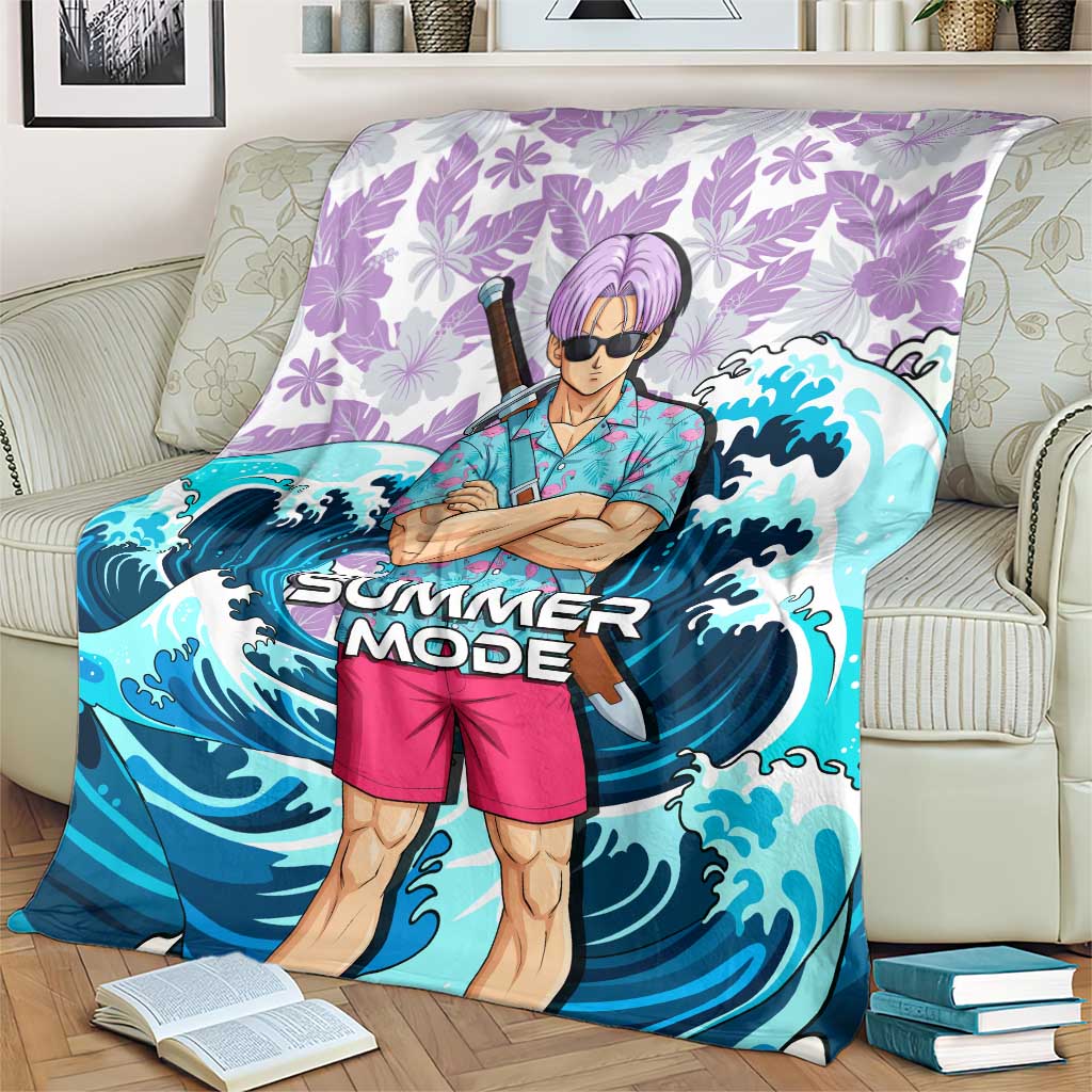 Trunks Dragon Ball Summer Theme Blanket with Sword Floral Shirt Sunglasses Shenron and Ocean Wave Background - The Mazicc