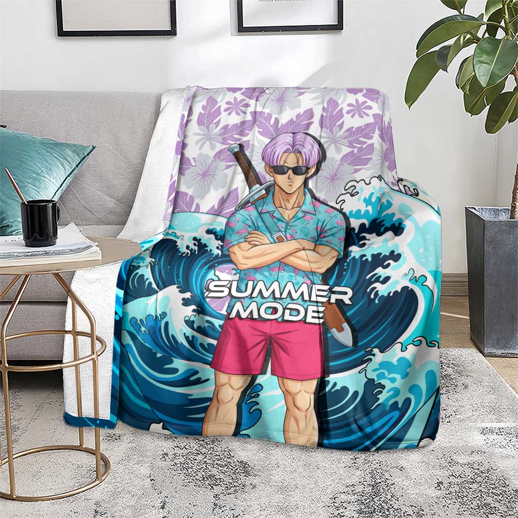 Trunks Dragon Ball Summer Theme Blanket with Sword Floral Shirt Sunglasses Shenron and Ocean Wave Background - The Mazicc
